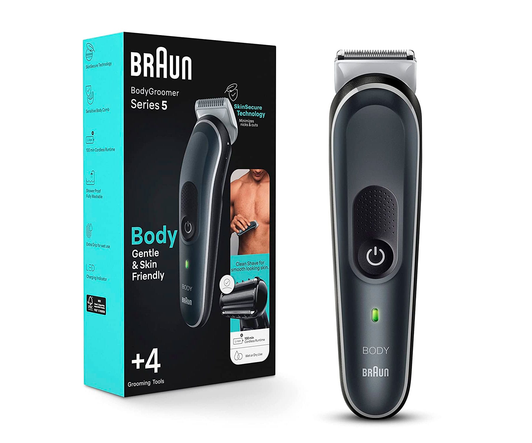 Braun Body Groomer Series 5 BG5360, afeitadora corporal / 4 accesorios / Inalámbrica / 100 minutos