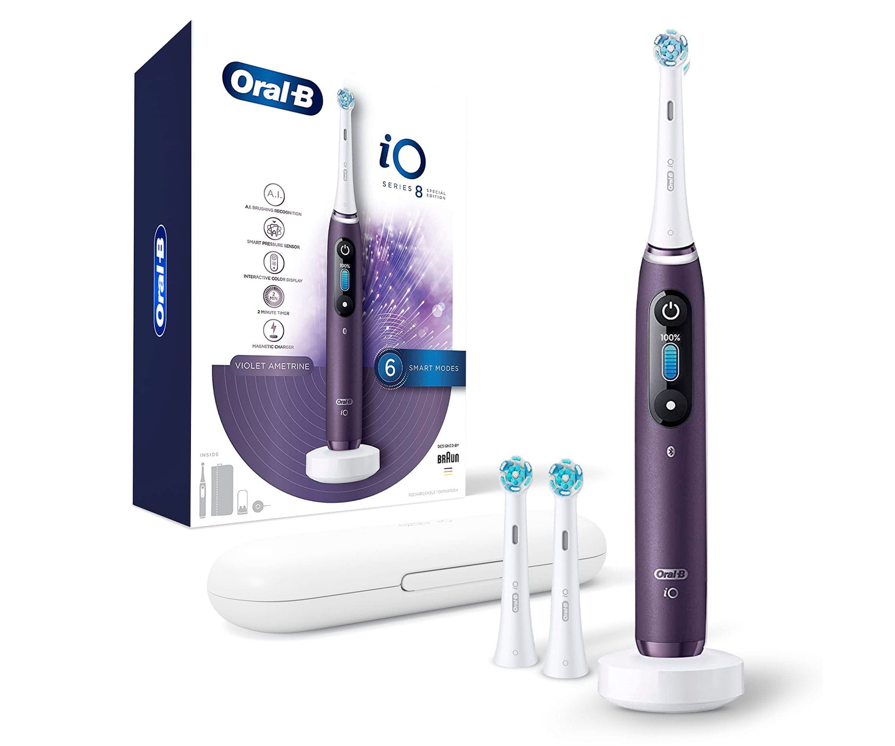 Braun Oral-B IO8 Morado + Estuche + 2 recambios/  Cepillo de dientes eléctrico recargable / Inteligencia artificial