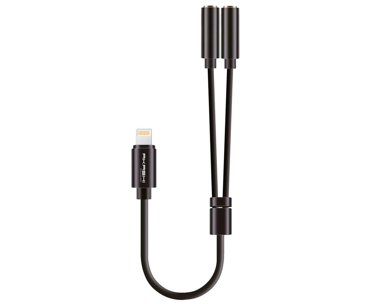 AKASHI ALTSPLITLIGHT Negro / Cable Lightning (M) a 2 Jack 3.5 (H) 15cm