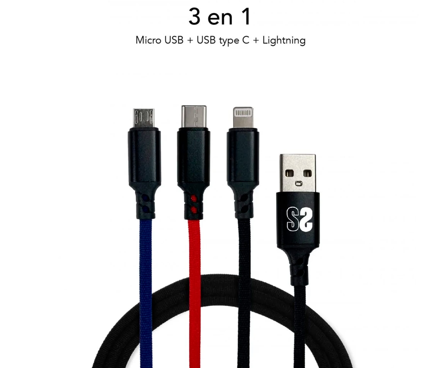 SUBBLIM Cable Premium 3 en 1 USB-A a microUSB + USB Tipo C + Lightning Azul / Rojo / Negro
