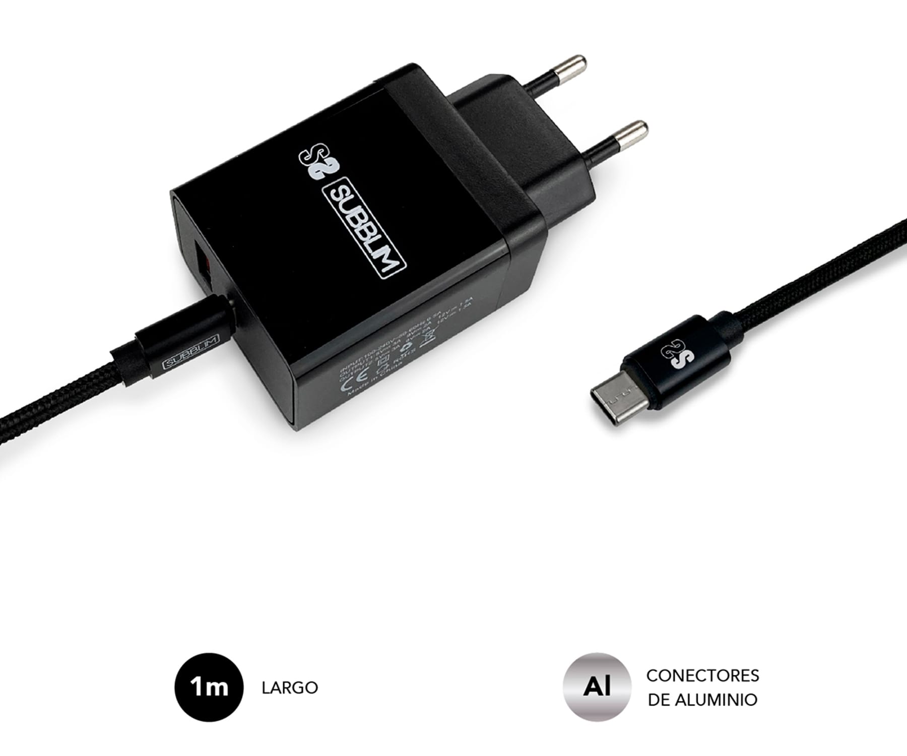 SUBBLIM Smart Charger Cargador USB para enchufe 18W 3A + Cable USB C 1m Negro