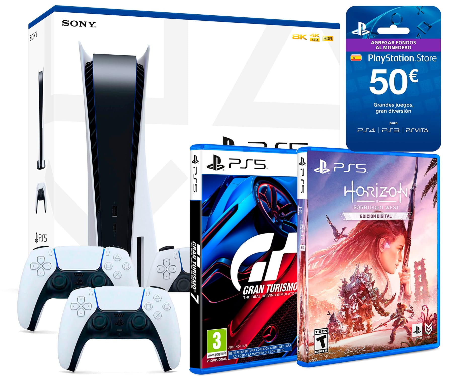 SONY PACK PlayStation 5 Edición Bluray + Horizon II: Forbidden West (Digital) + Gran Turismo 7 + PSLive 50€ + DualSense