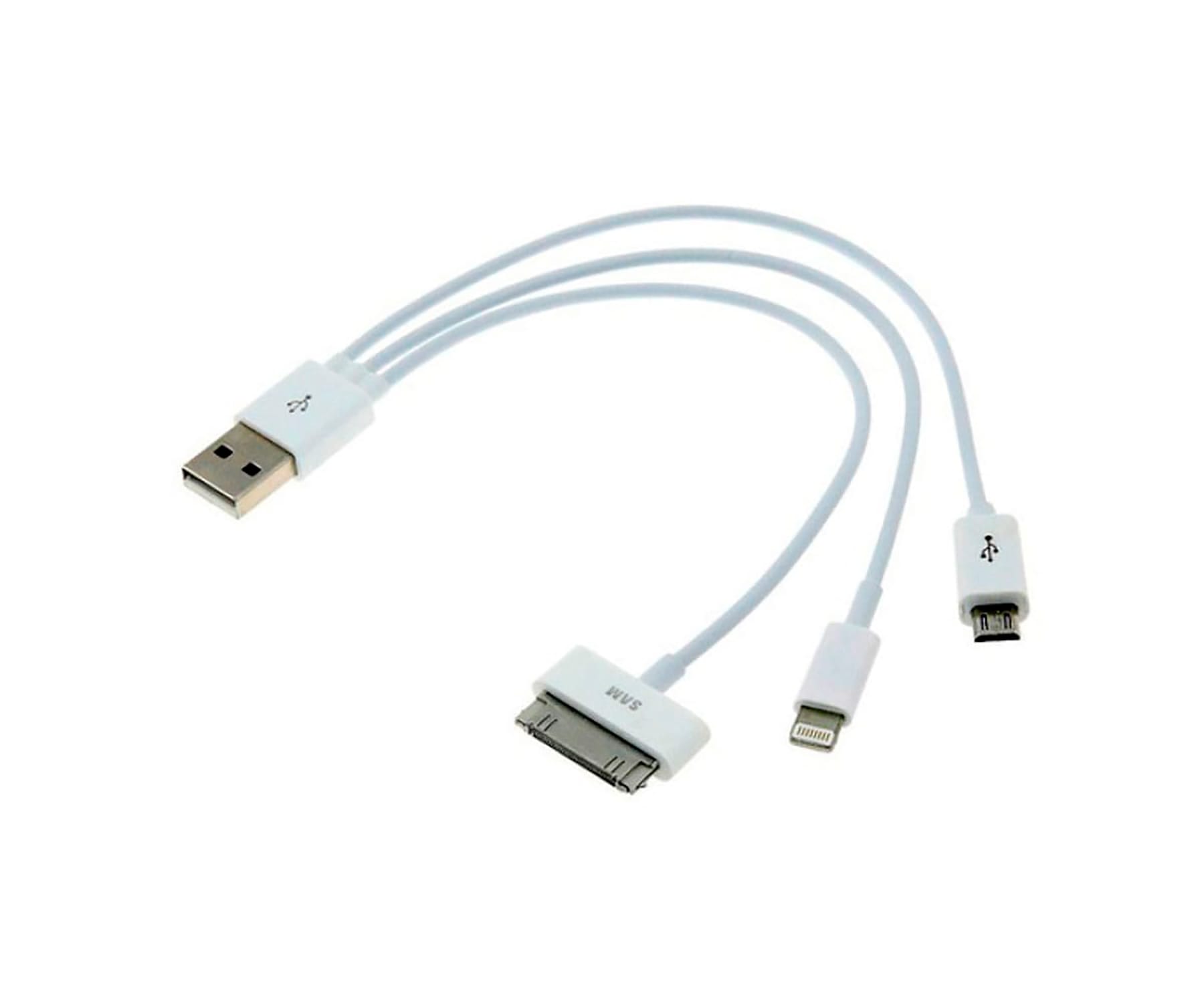 AKASHI Blanco / Cable USB-A (M) a 30 pines, Lightning, microUSB (M) 20cm